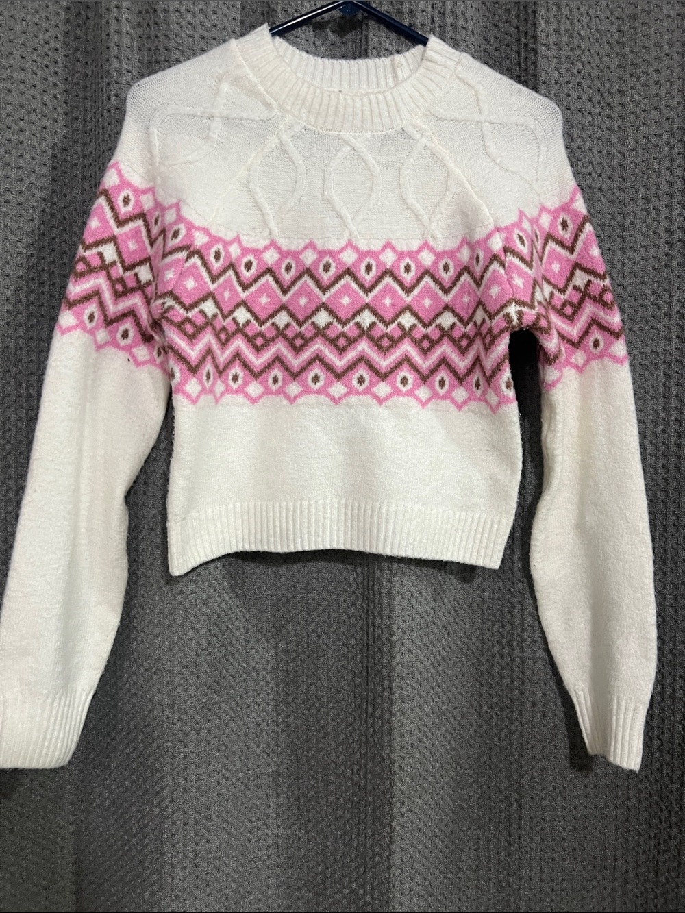 No Boundaries Cream Crewneck Sweater with Pink and Brown Fair Isle